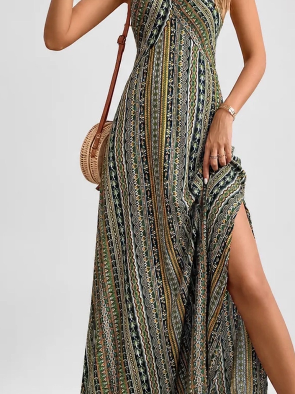 Bohemian Striped Maxi Skirt with Side Slit - Green Pattern